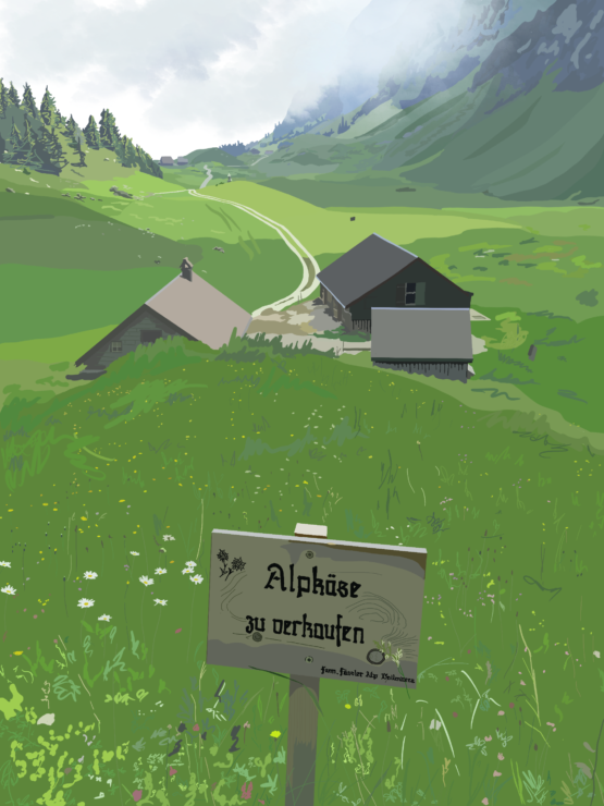 Green field in the Swiss alps with a hut in the distance. The sign in the front view reads: Alp Cheese for Sale